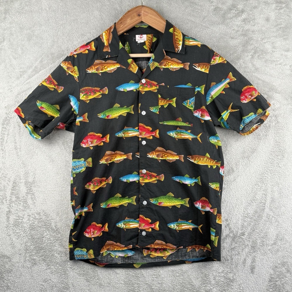 Vrg Scorpio Hawaiian Shirt Mens M Fish All Over‎ Print Black Button Up USA Made